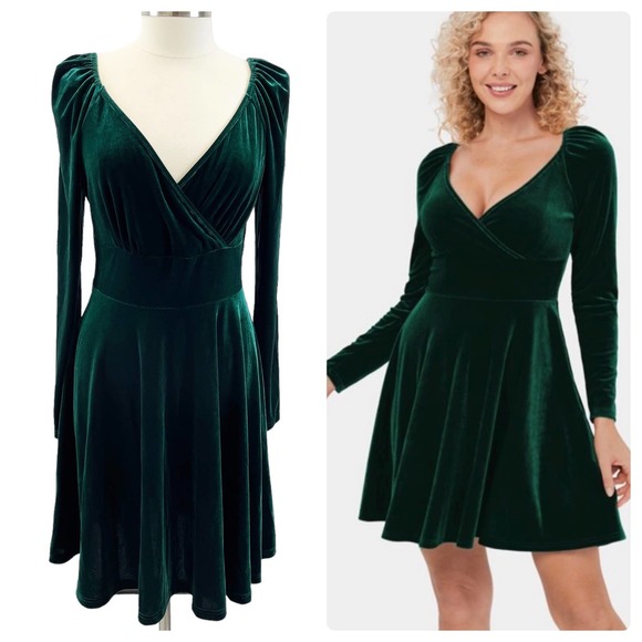 NEW Halara Womens Velvet Mini Flare Casual Dress Surplice Dark Green Size XL - Picture 1 of 12